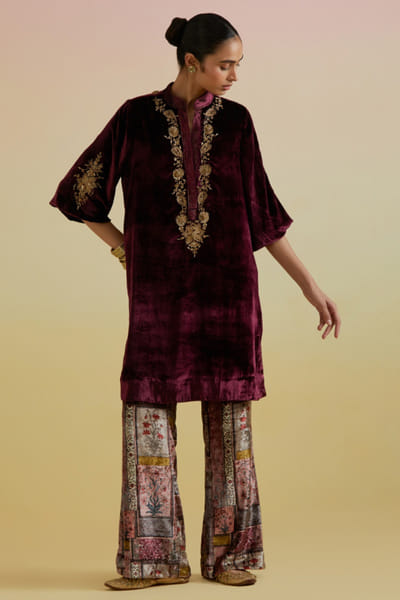 Wine embroidered kurta set