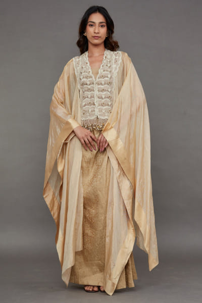 Pearl embroidered cape skirt set