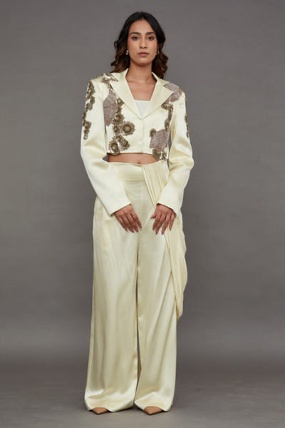 Beige embellished jacket pant set