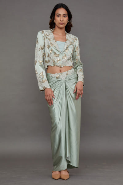 Washed blue satin draped skirt set