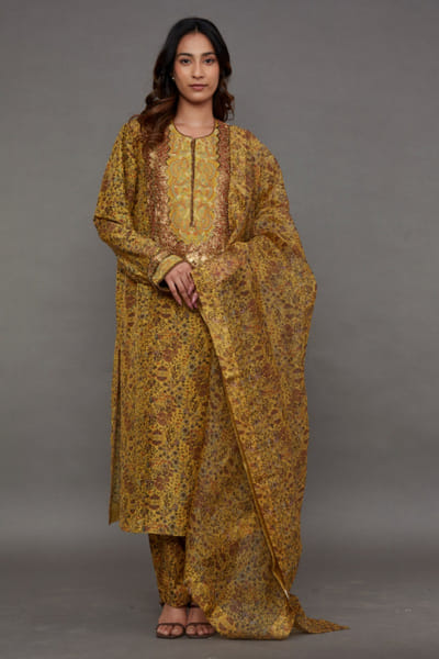 Mustard print embroidered kurta set