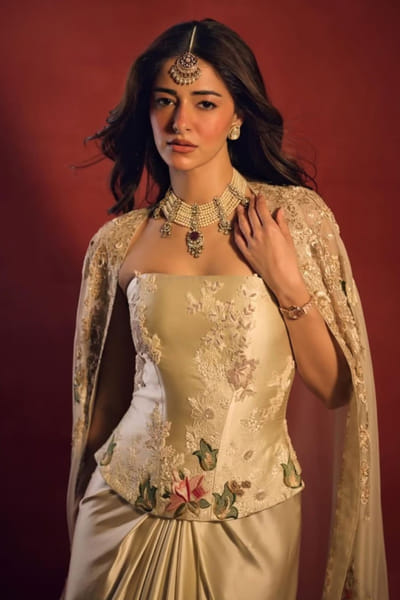 Anamika Khanna Ivory embroidered cape and draped skirt set ANAMJUL26D148818