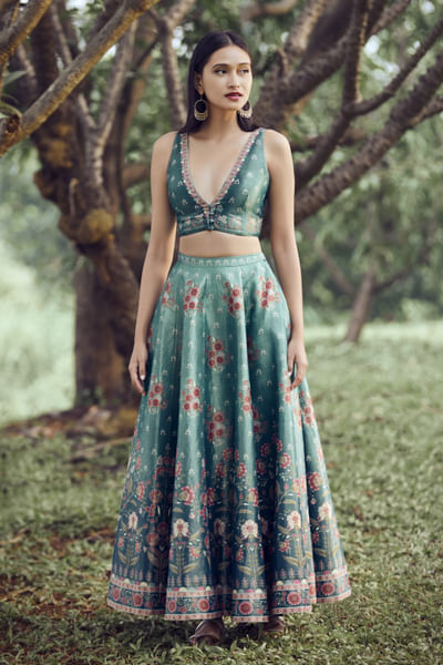 Peacock printed crop lehenga set
