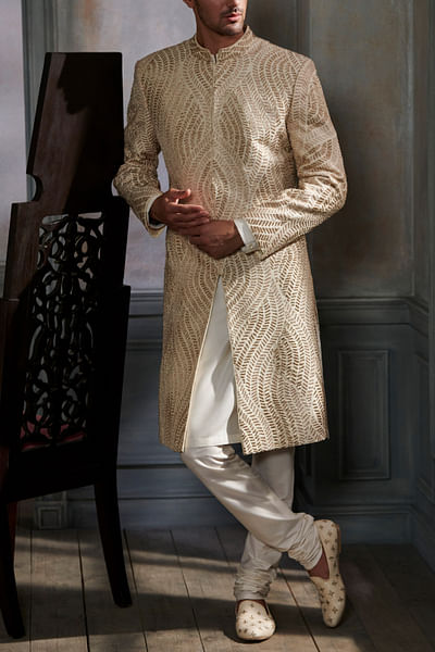 Off-white embroidered silk sherwani