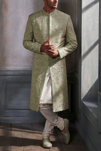 Sage green floral embroidered sherwani
