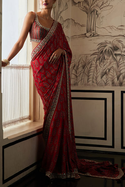 Red ajrakh print sari set