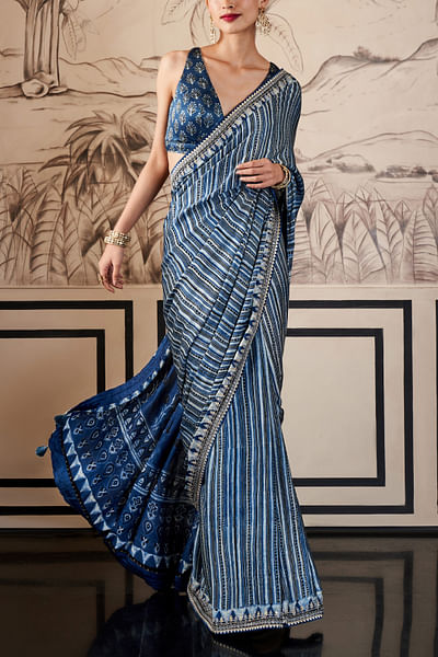 Blue ajrakh print sari set