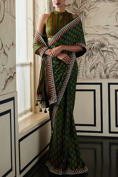 Green ajrakh print sari set
