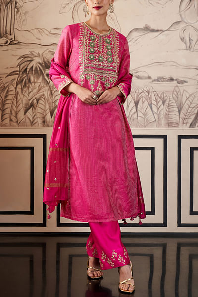 Hot pink embroidered kurta set