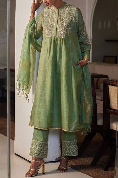 Sage embellished silk kurta set