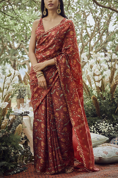 Crimson red floral printed sari