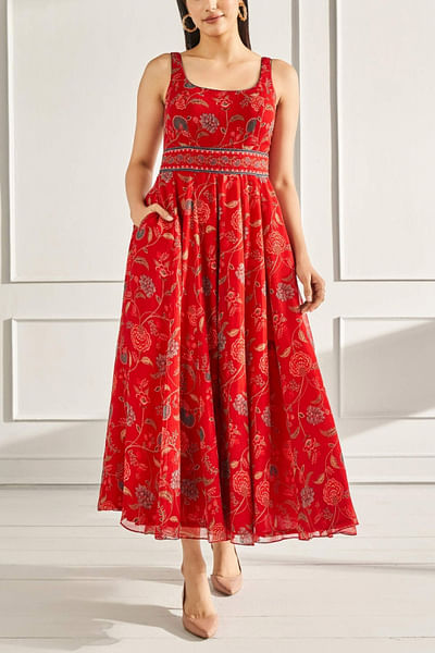 Red floral printed dress