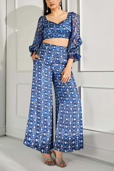 Indigo crop top and trousers