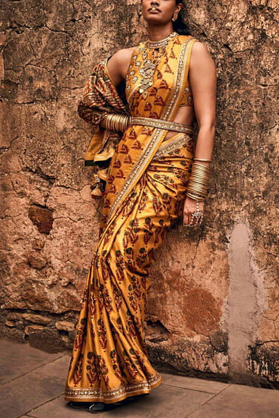 Ajrakh printed sari set