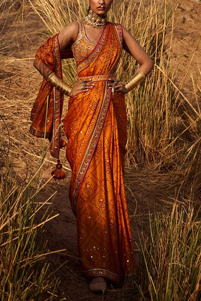 Orange bandhani sari set