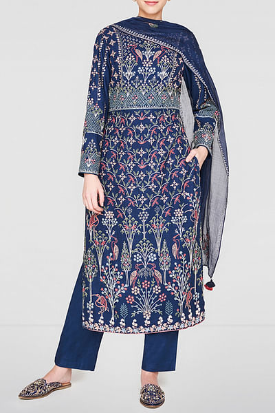 Deep blue embroidered kurta set