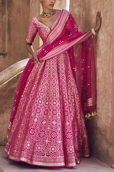 Hot pink embellished Benarasi lehenga set