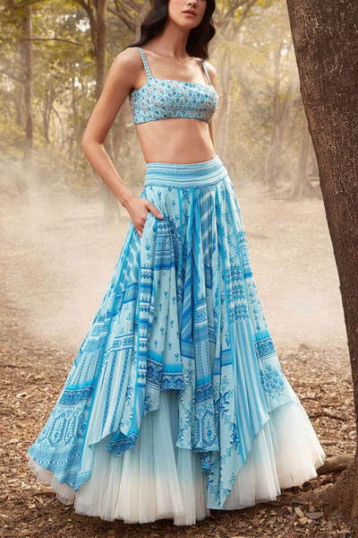 Blue tulle layered lehenga set