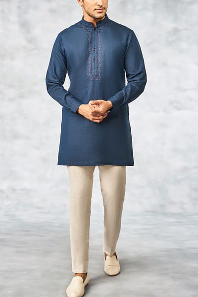 Navy blue cotton linen kurta