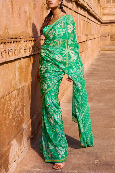 Green floral printed sari set