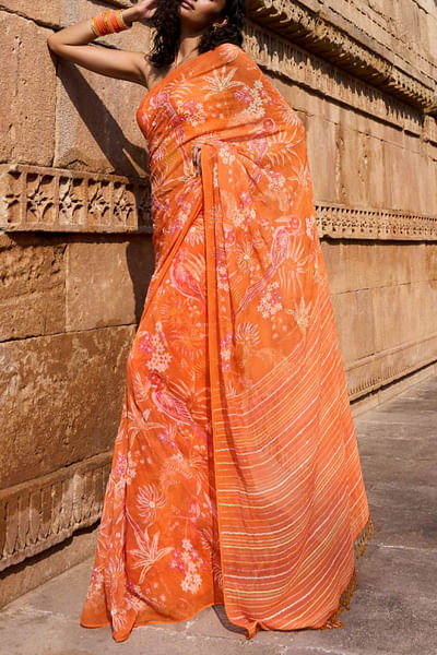 Orange floral printed sari