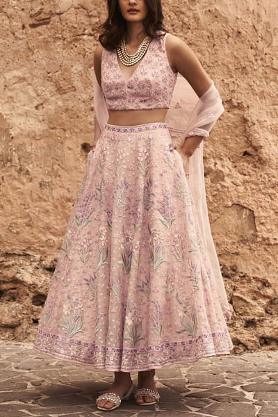 Pink embroidered top and skirt