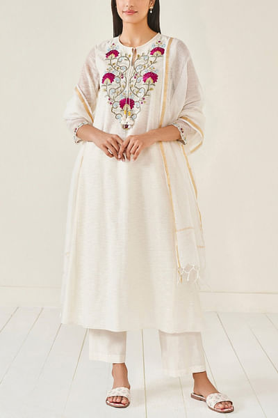 Floral embroidered cotton silk kurta set