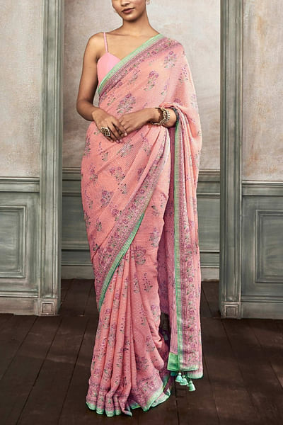 Pink printed sari set