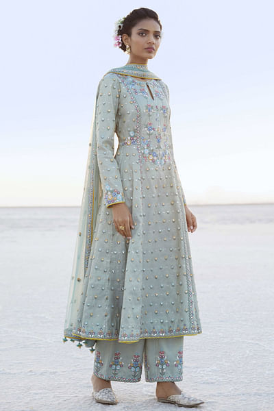 Powder blue embroidered sharara set