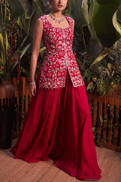 Red embroidered kurta sharara set