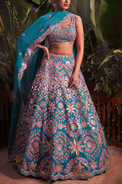Teal embroidered lehenga set