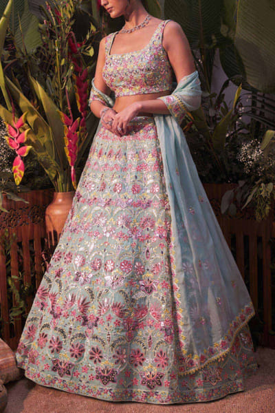 Turquoise floral lehenga set