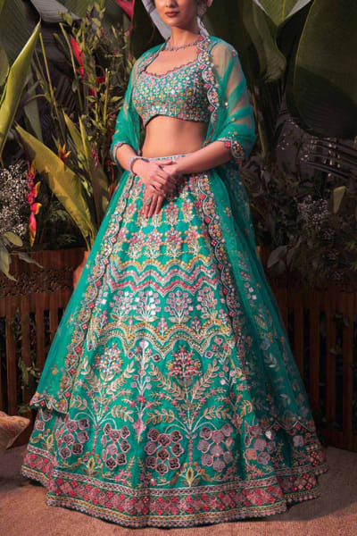 Emerald green embroidered lehenga set