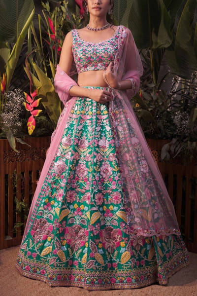 Green embroidered lehenga set