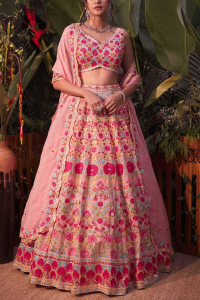 Pink floral embellished lehenga set