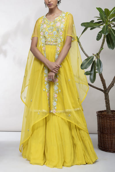 Yellow embroidered anarkali lehenga set