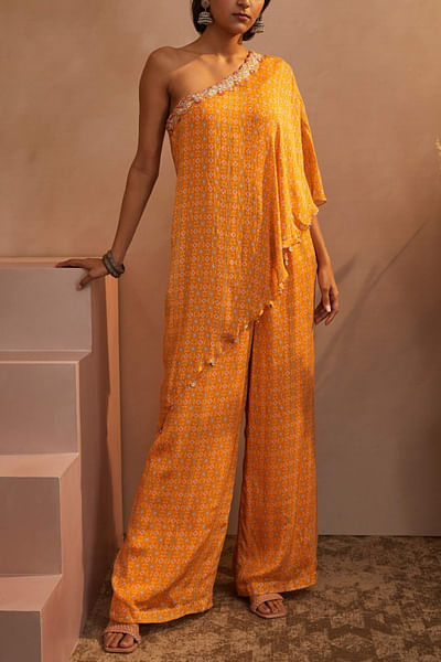 Mustard printed one shoulder jumpsuit