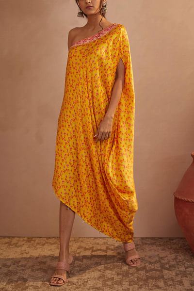 Yellow printed one shoulder dress