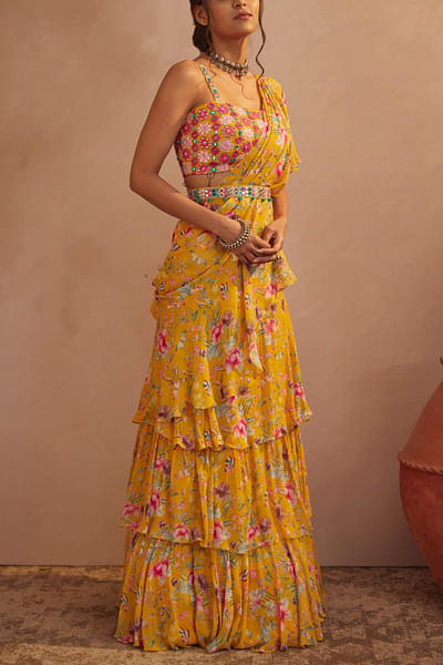 Yellow floral printed draped sari set