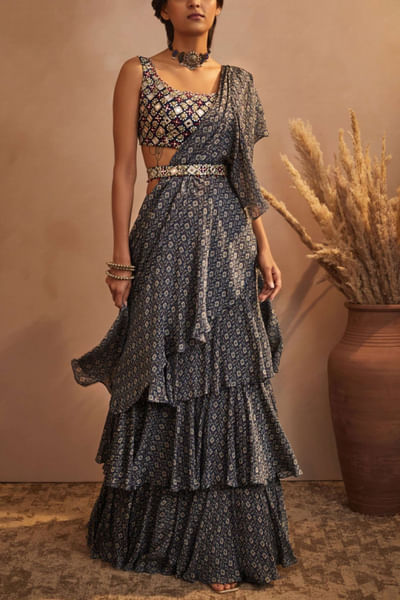 Navy blue draped sari set