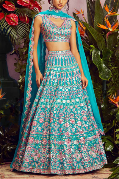 Teal embellished lehenga set