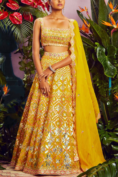 Yellow foil applique lehenga set