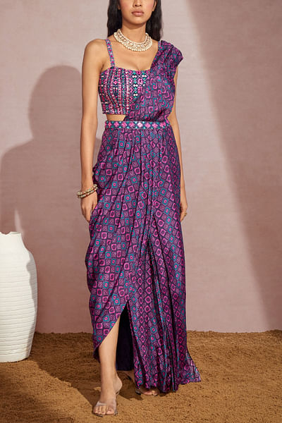 Purple printed concept sari set