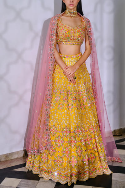 Yellow floral lehenga set