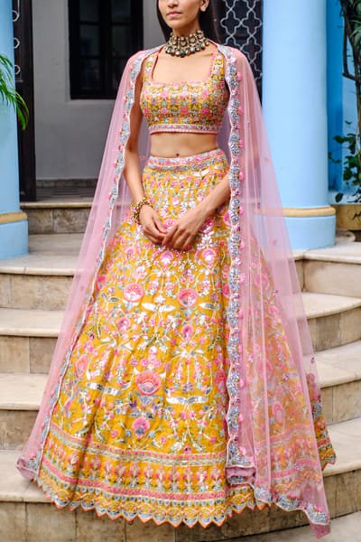 Yellow embroidered lehenga set
