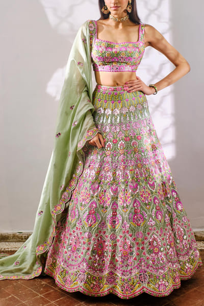 Sage green floral lehenga set