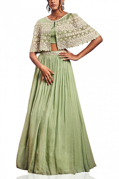 Green organza skirt and cape set