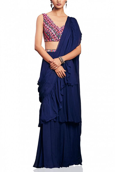 Navy blue ruffle sari set