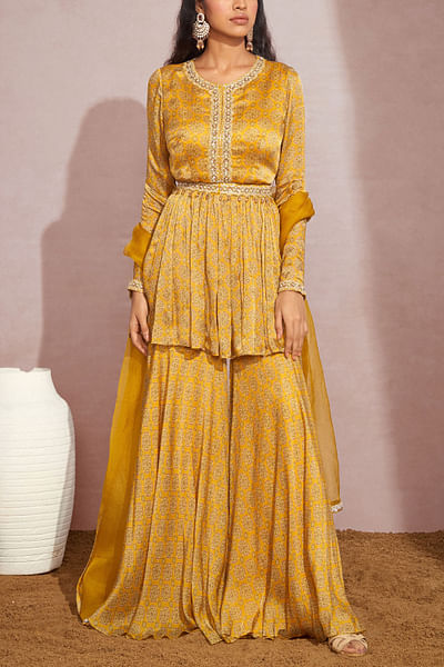 Yellow printed peplum and sharara