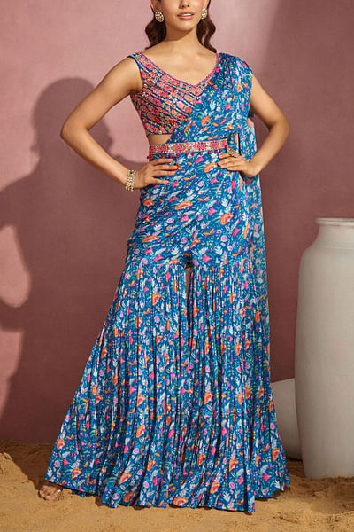 Royal blue floral sharara sari set